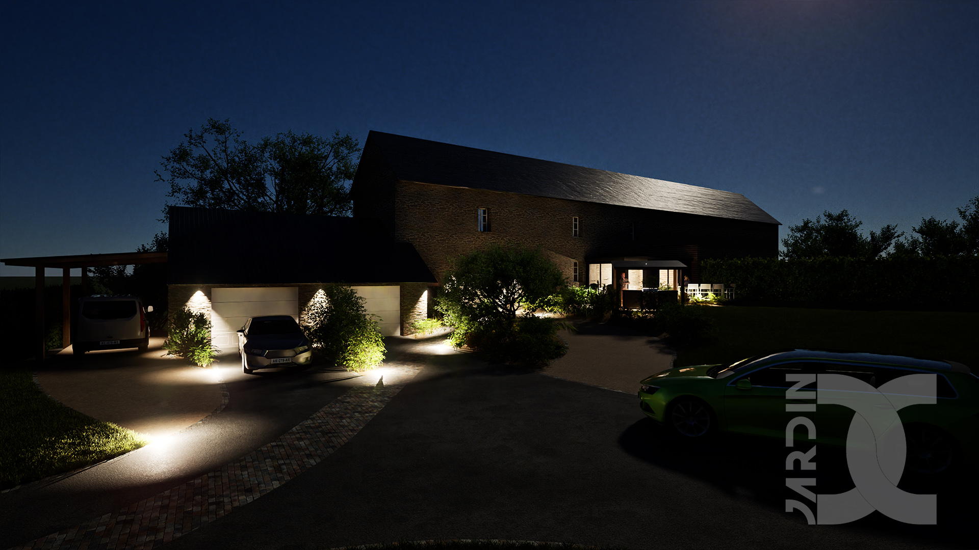 Éclairage extérieur mettant en valeur un jardin et une bâtisse en pierre de nuit