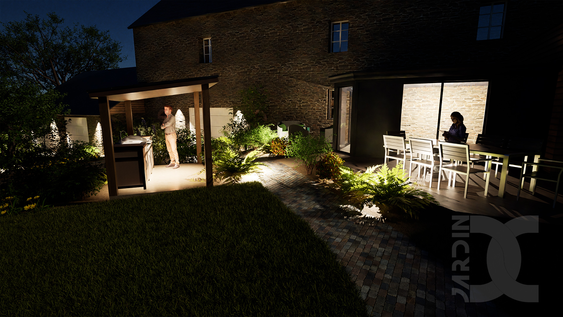 Éclairage extérieur mettant en valeur un jardin et une bâtisse en pierre de nuit