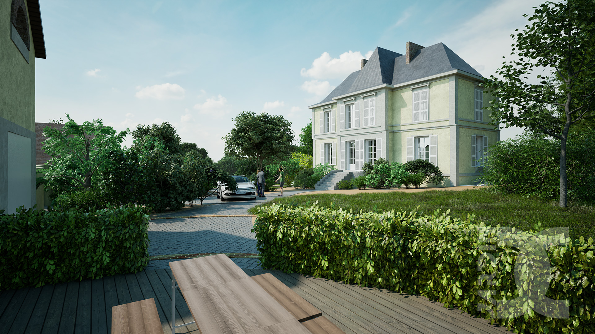 Vue d’ensemble d’un jardin de château paysager avec allée et végétation structurée