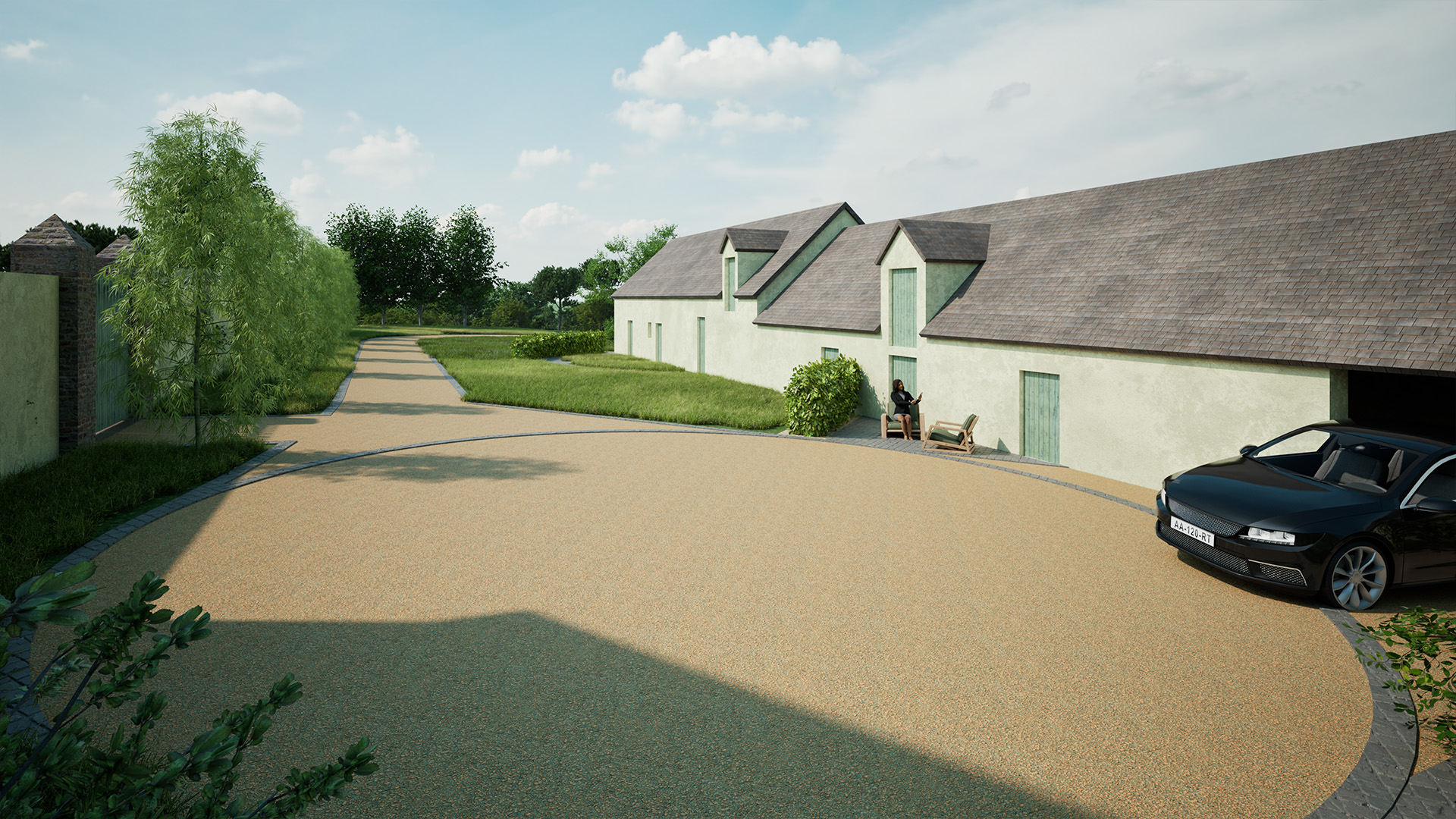 Allée de château éclairée soulignant la perspective du jardin paysager