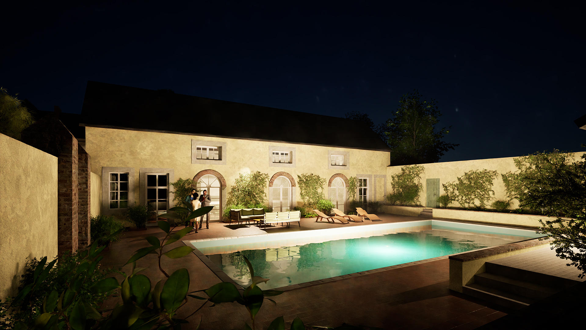 Jardin de château avec piscine intégrée dans un aménagement paysager élégant