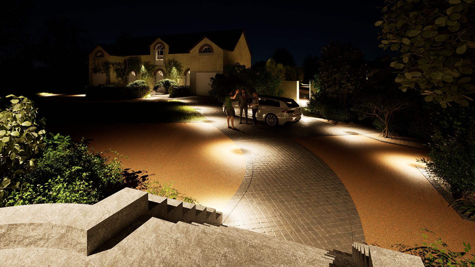 Éclairage paysager mettant en valeur un jardin de château à la tombée de la nuit