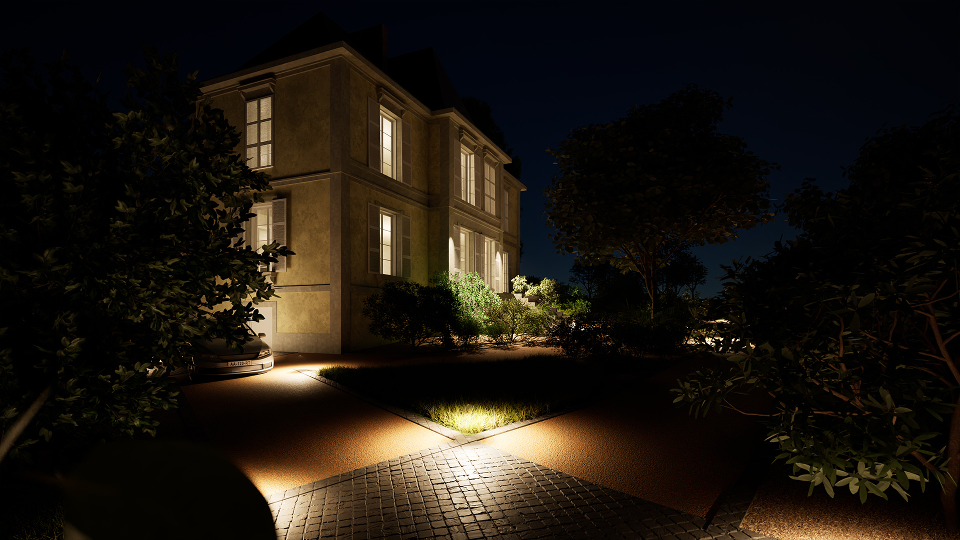 Ambiance nocturne d’un jardin de château avec mise en lumière des végétaux