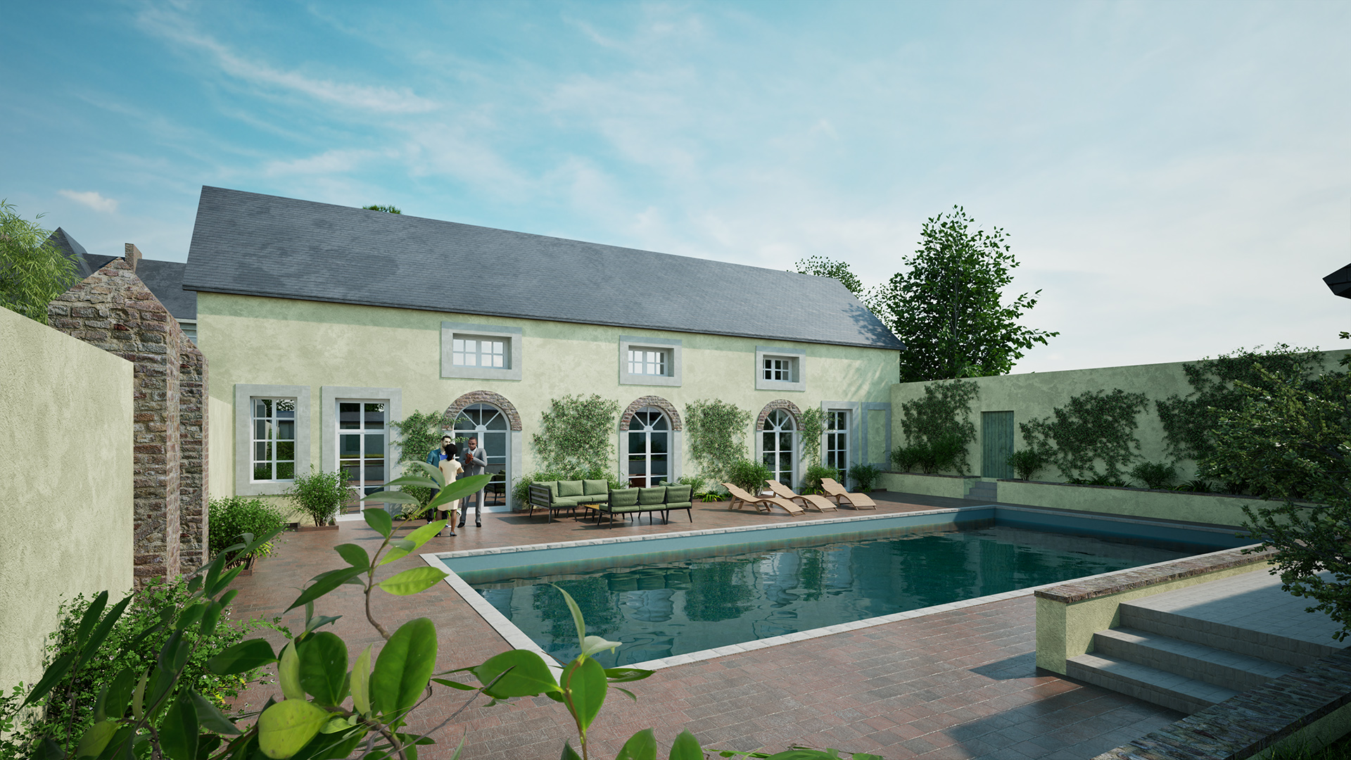 Cour intérieure avec piscine d’un château avec jardin aménagé