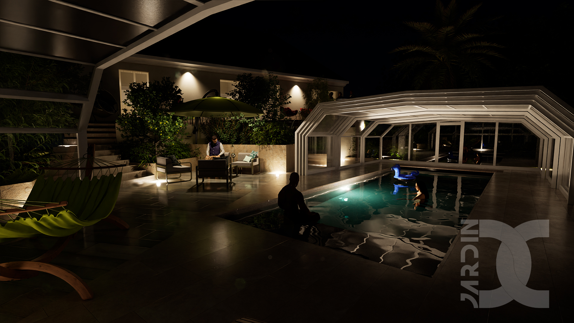 Jardin avec piscine à St-Berthevin éclairé de nuit avec terrasse moderne et espace détente