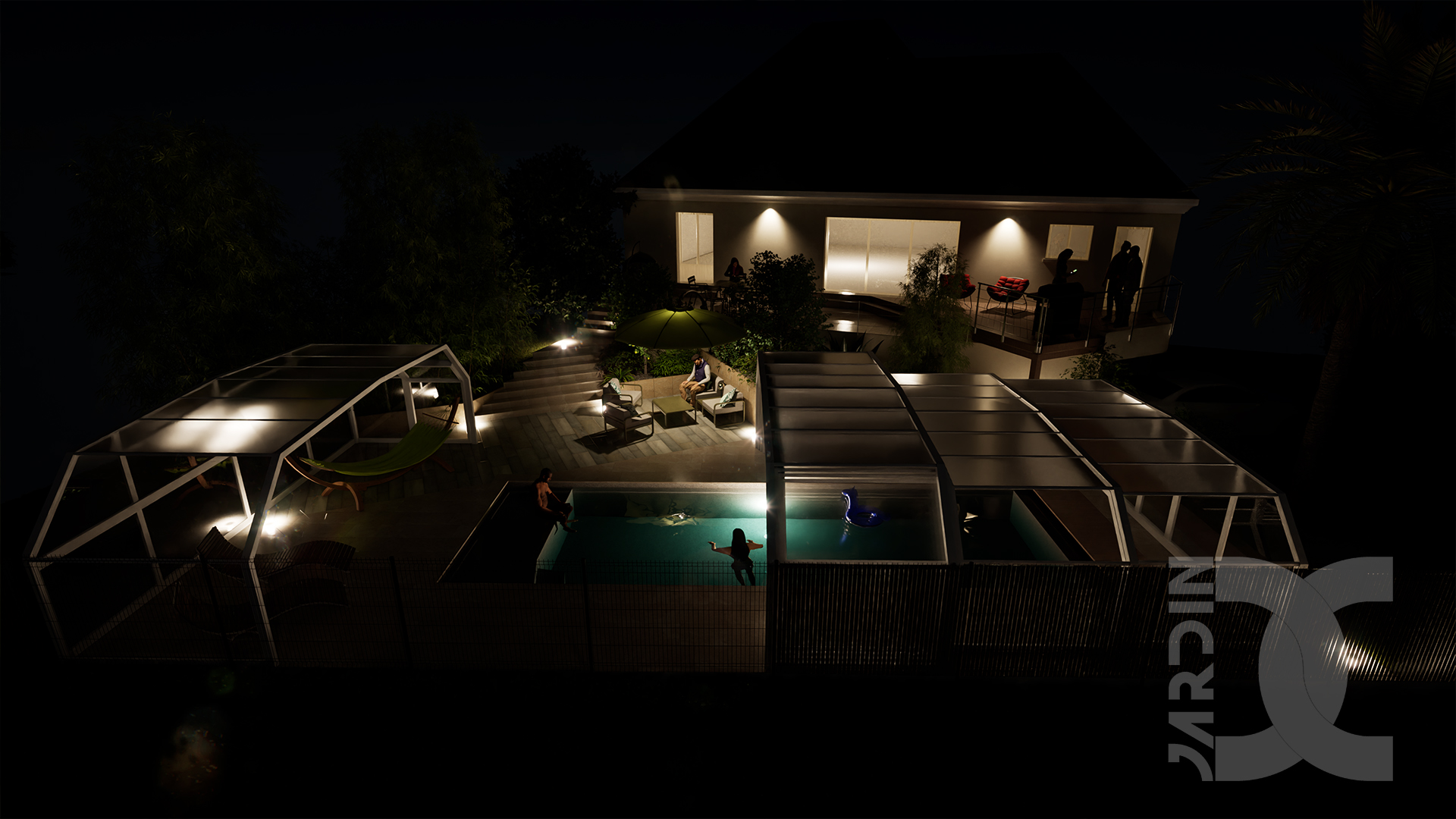 Aménagement paysager avec piscine à St-Berthevin vu de nuit, abri de piscine et zones de détente