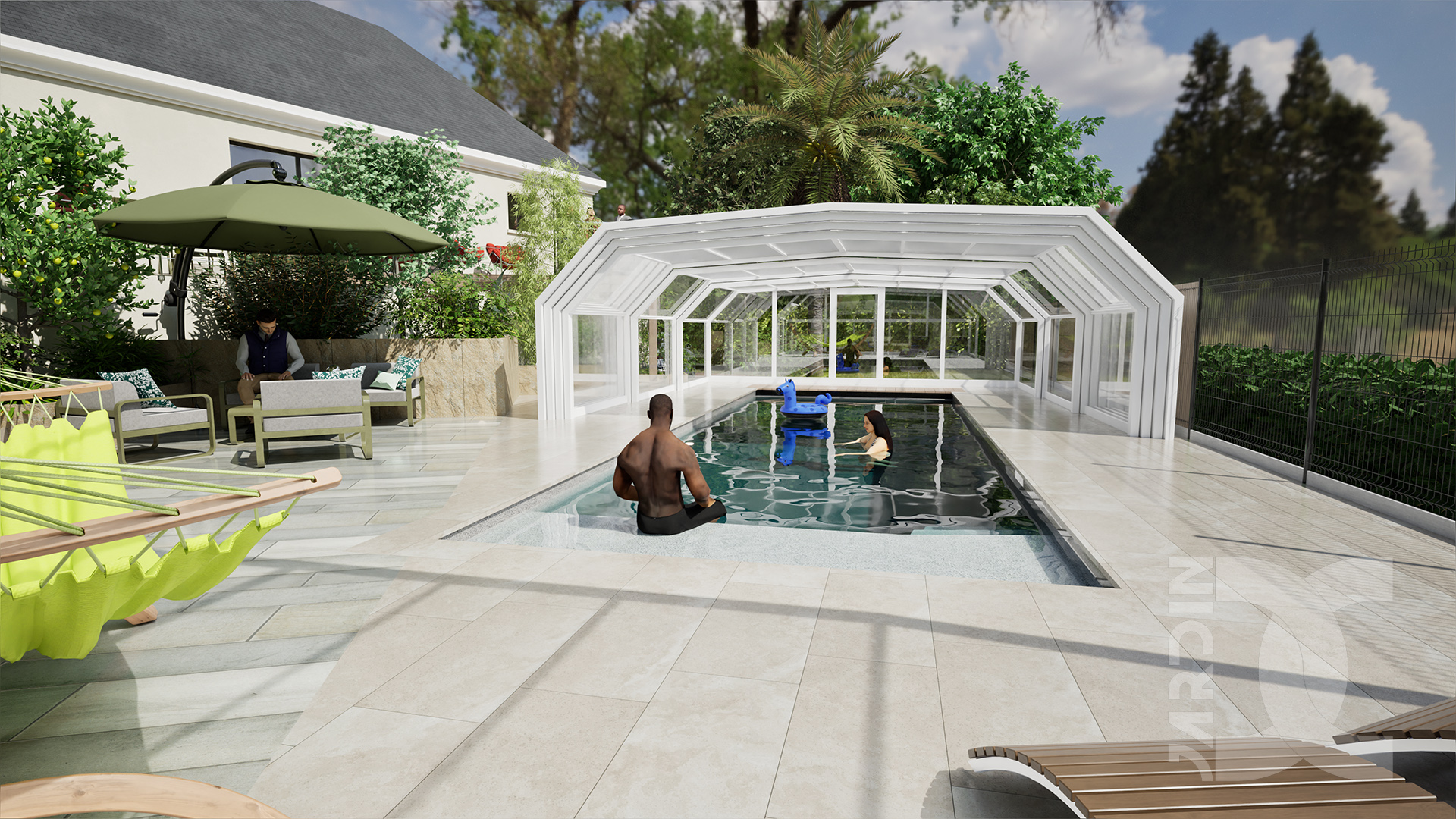 Jardin avec piscine à St-Berthevin en journée avec abri de piscine design et plage minérale