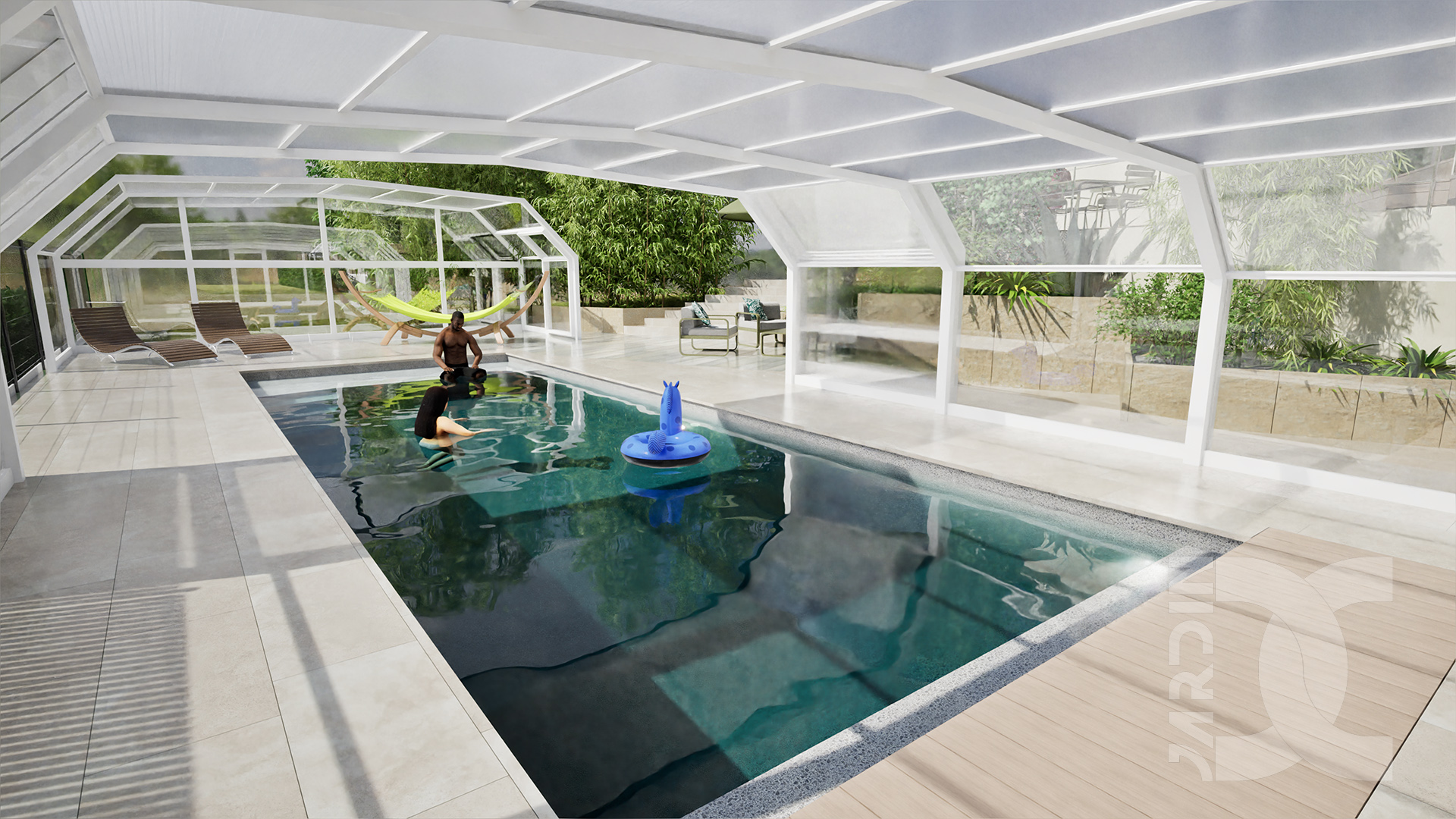 Piscine couverte dans un jardin à St-Berthevin avec abri transparent et espace baignade familial