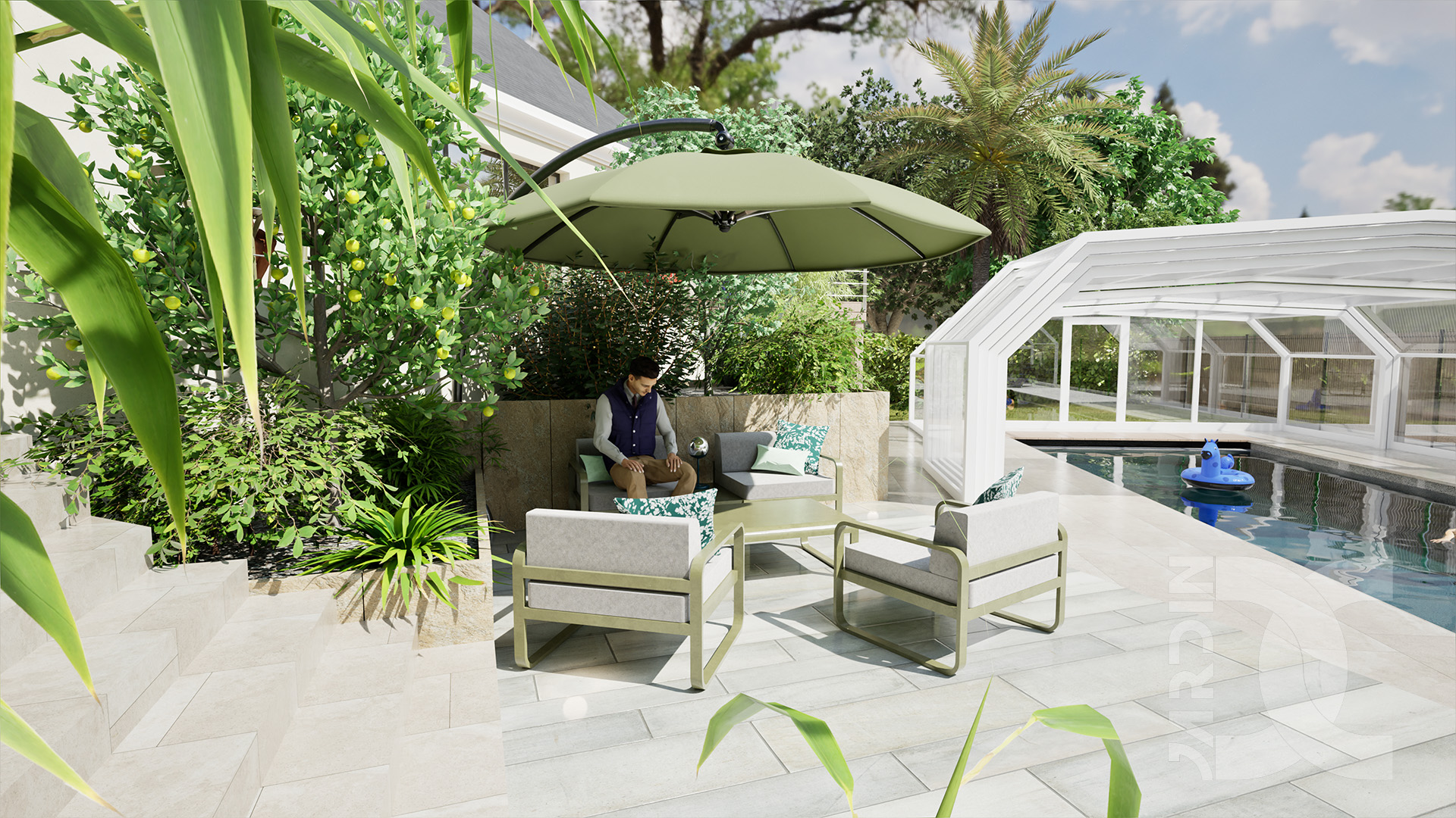 Espace salon dans un jardin avec piscine à St-Berthevin, mobilier extérieur et ambiance conviviale