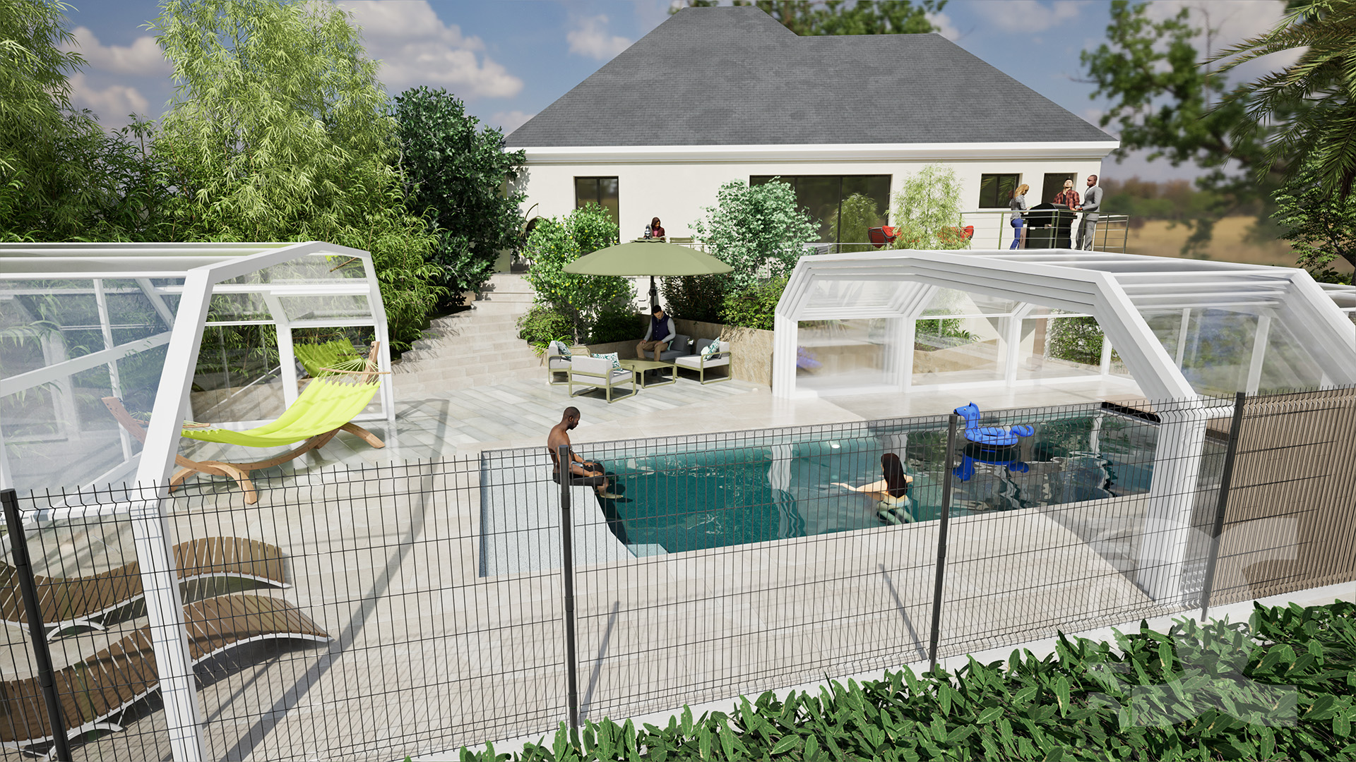 Jardin paysager avec piscine à St-Berthevin, terrasse, végétation et espaces de détente