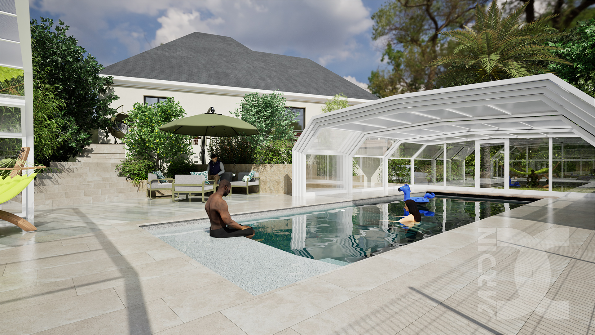 Aménagement extérieur avec piscine à St-Berthevin, terrasse moderne et abri de piscine
