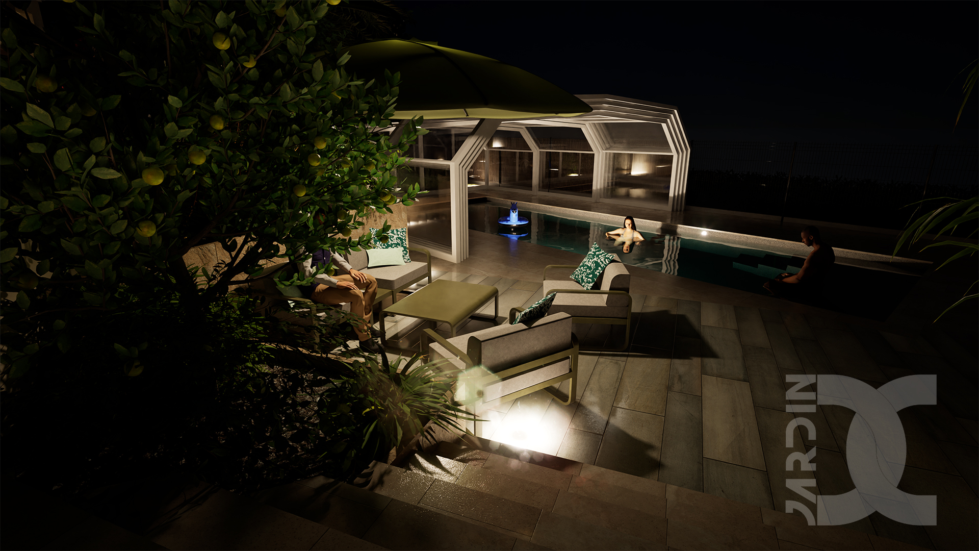 Jardin avec piscine à St-Berthevin de nuit, éclairage extérieur et ambiance chaleureuse