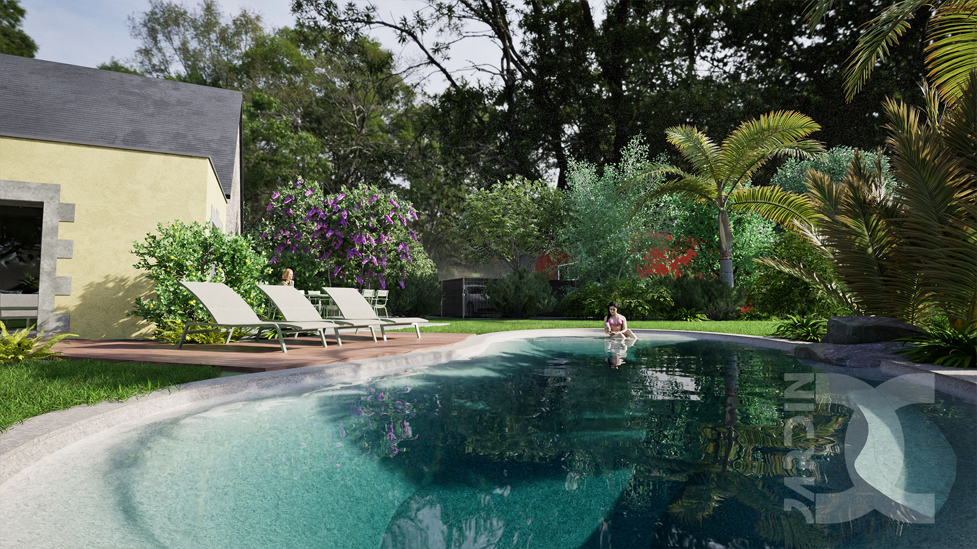 Jardin de campagne à Mayenne avec piscine aux formes naturelles et terrasses en bois entourées de végétation