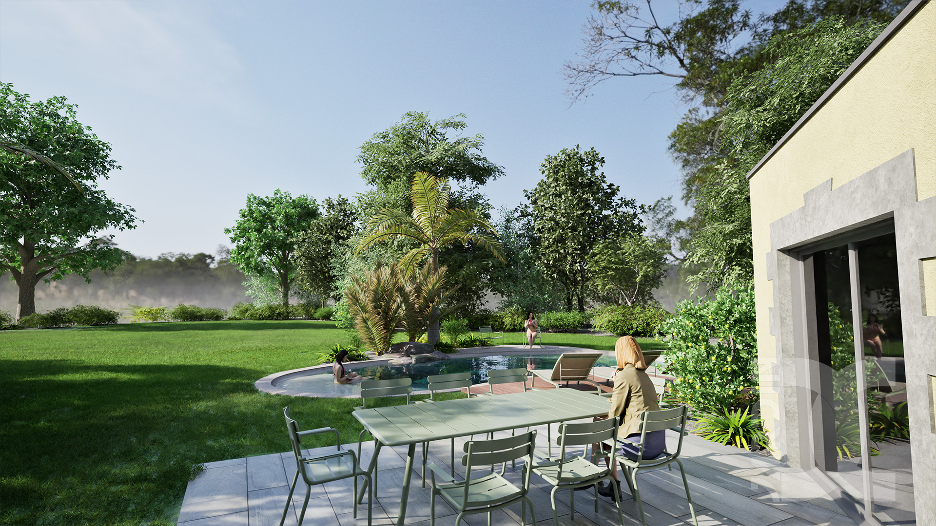 Terrasse détente au bord d’une piscine dans un jardin de campagne à Mayenne avec mobilier extérieur