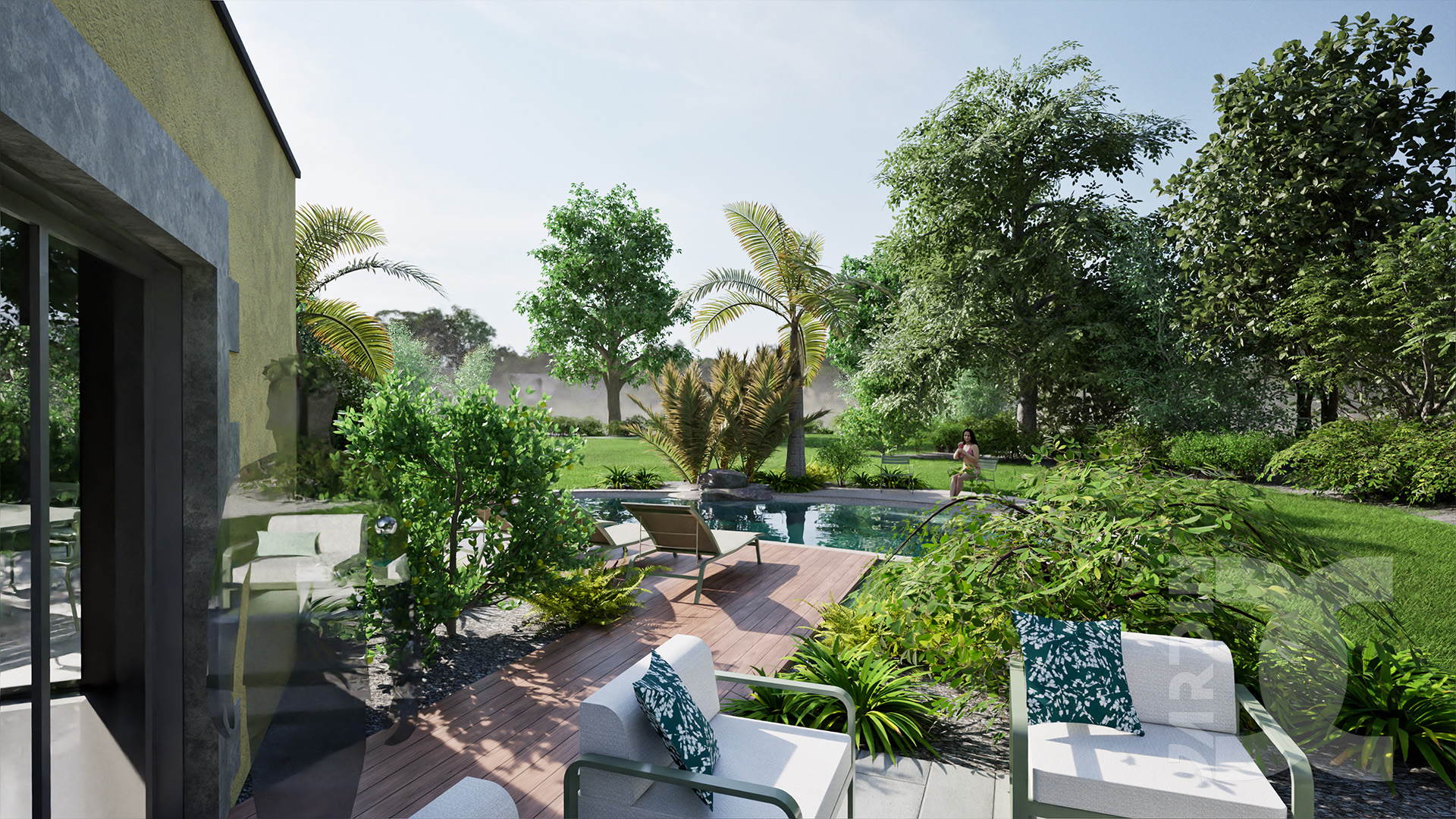 Terrasse détente au bord d’une piscine dans un jardin de campagne à Mayenne avec mobilier extérieur
