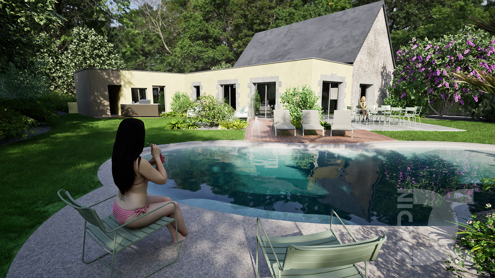 Vue depuis une terrasse vers la piscine et les plantations dans un jardin de campagne à Mayenne