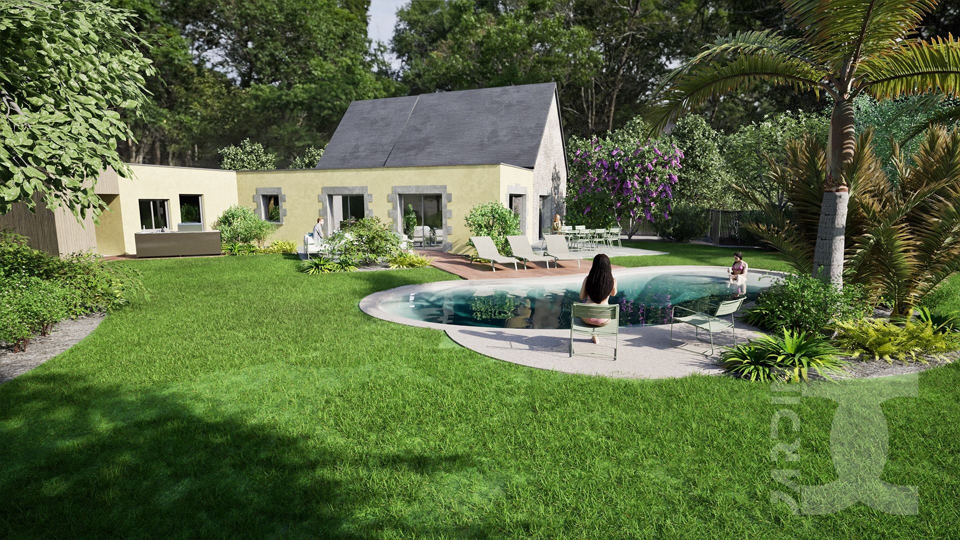 Maison de campagne avec terrasses et piscine intégrées dans un jardin paysager à Mayenne