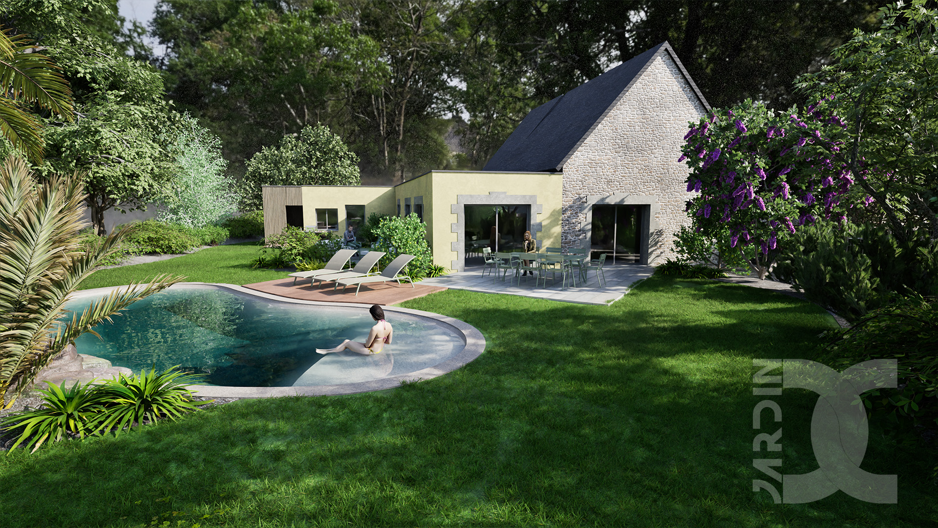 Vue panoramique d’un jardin de campagne à Mayenne avec piscine centrale, pelouse et plantations