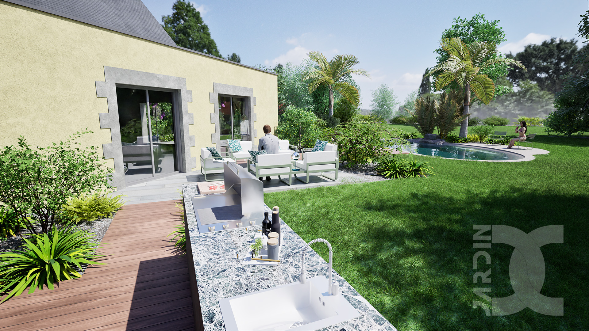 Cuisine extérieure sur terrasse dans un jardin de campagne à Mayenne avec espace repas et vue sur la piscine