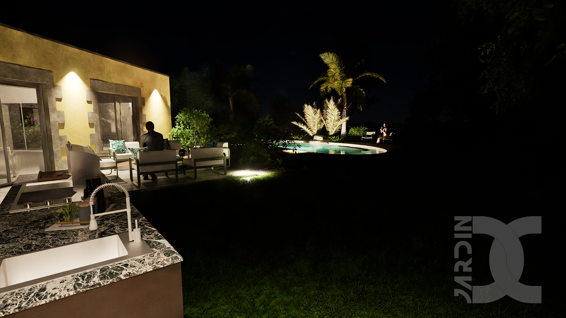 Aménagement extérieur nocturne avec piscine et éclairage paysager dans un jardin de campagne en Mayenne