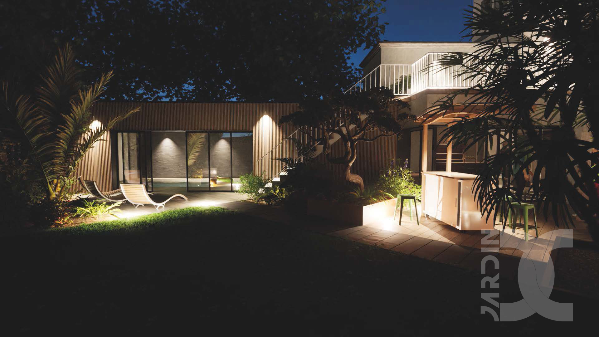 Jardin de ville à Laval avec terrasse moderne, éclairage extérieur et espace détente nocturne
