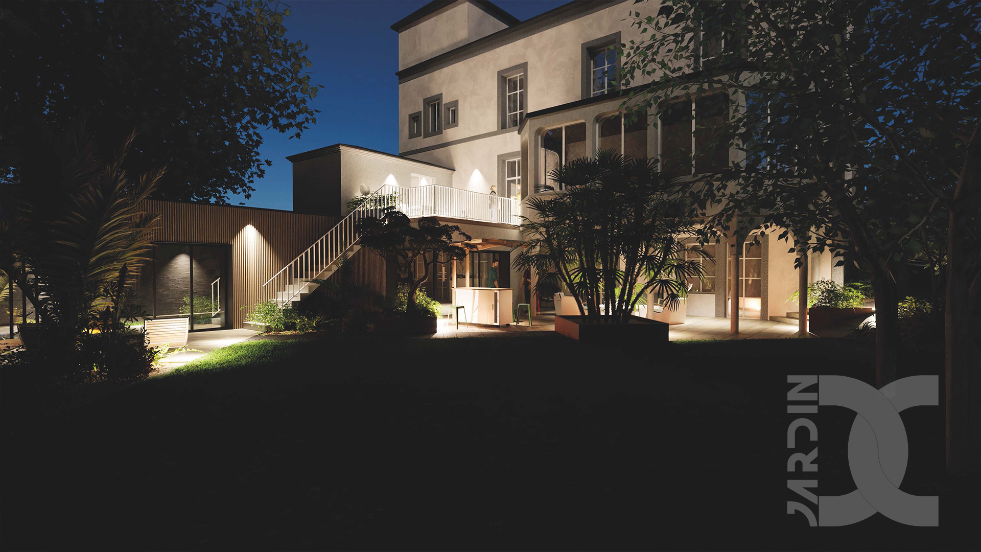 Vue d’ensemble d’un jardin de ville à Laval aménagé pour les soirées en extérieur