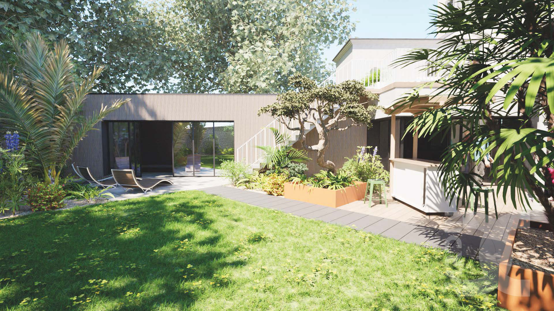 Jardin de ville à Laval en journée avec pelouse, terrasse contemporaine et coin détente