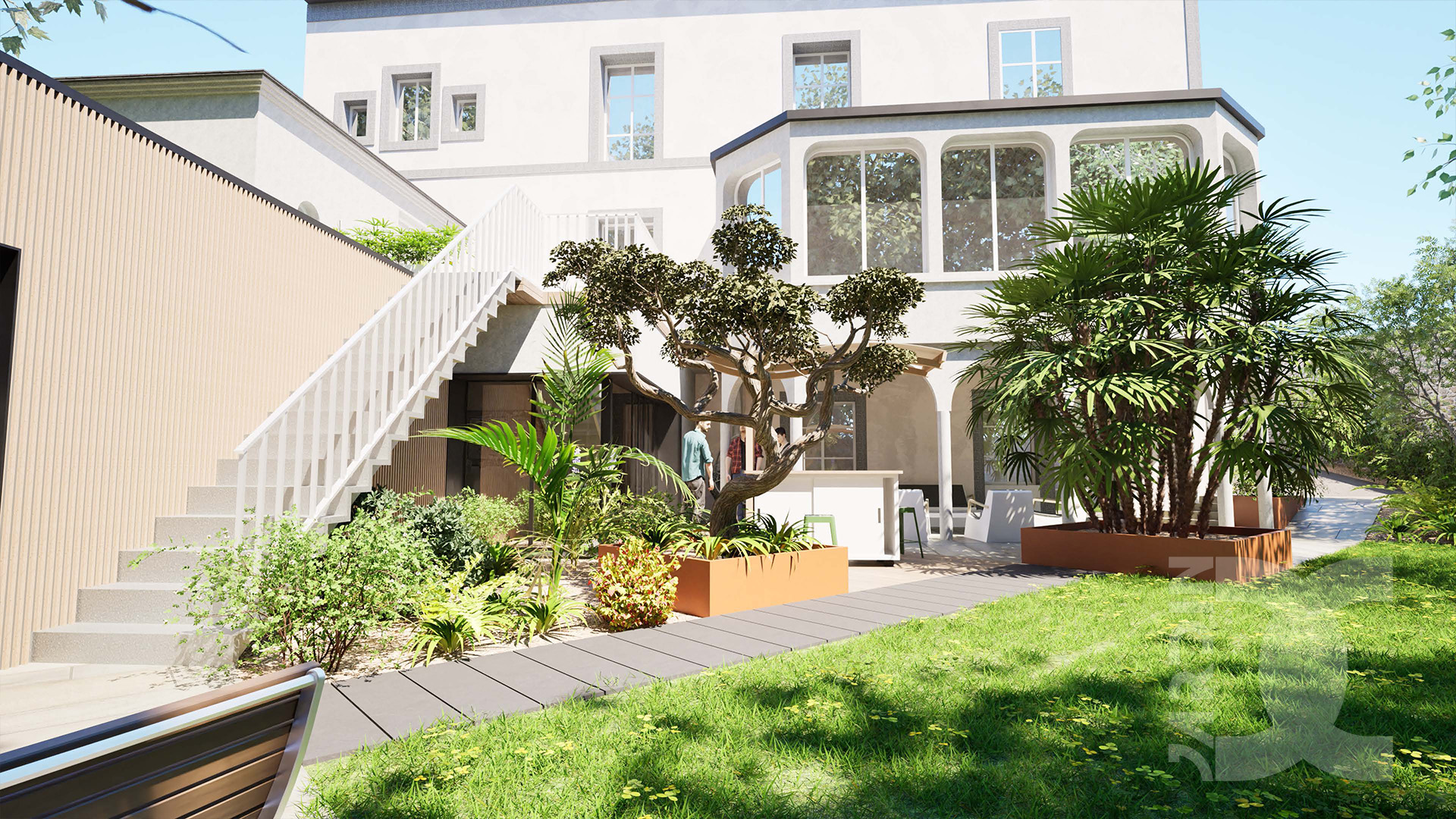 Aménagement paysager d’un jardin de ville à Laval avec arbre sculptural et terrasse moderne