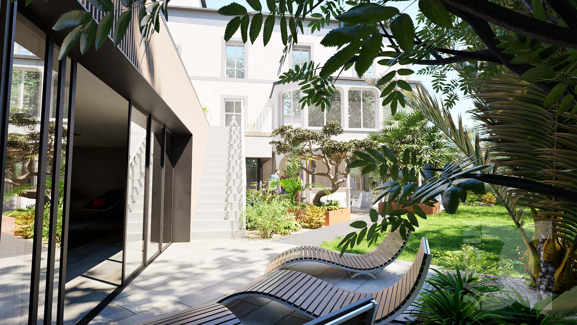 Coin repos dans un jardin urbain à Laval avec transats et végétation abondante