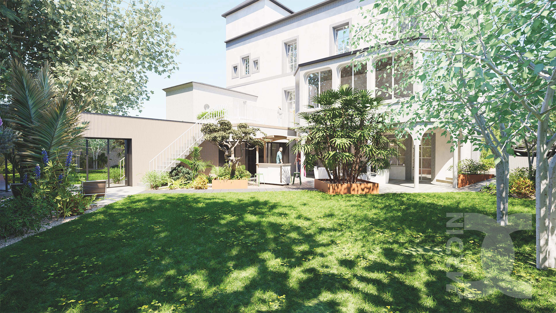 Jardin de ville à Laval lumineux et verdoyant avec zones de circulation et espaces de vie