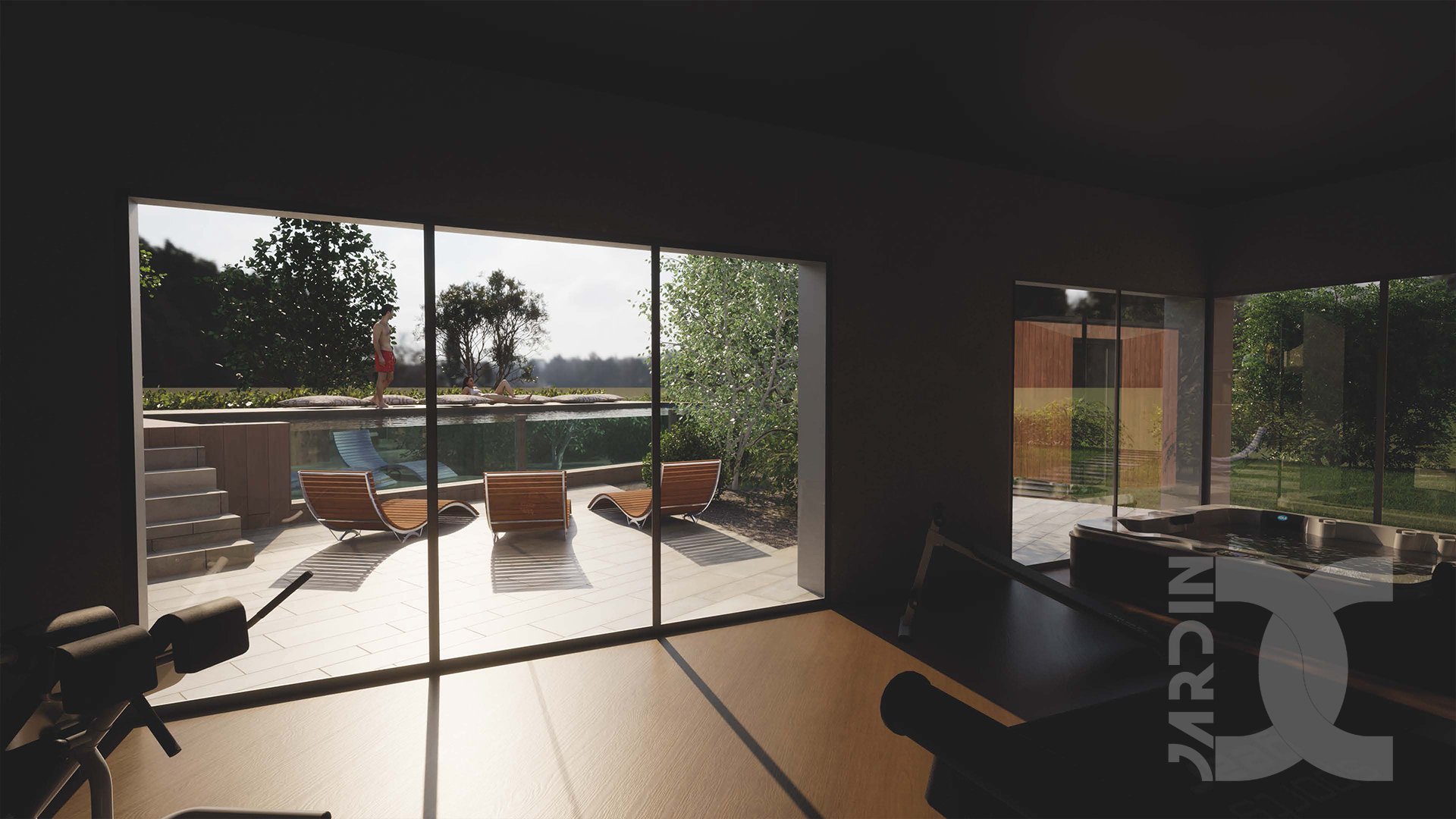 Vue intérieure sur un jardin et piscine contemporains avec terrasse en bois et transats design