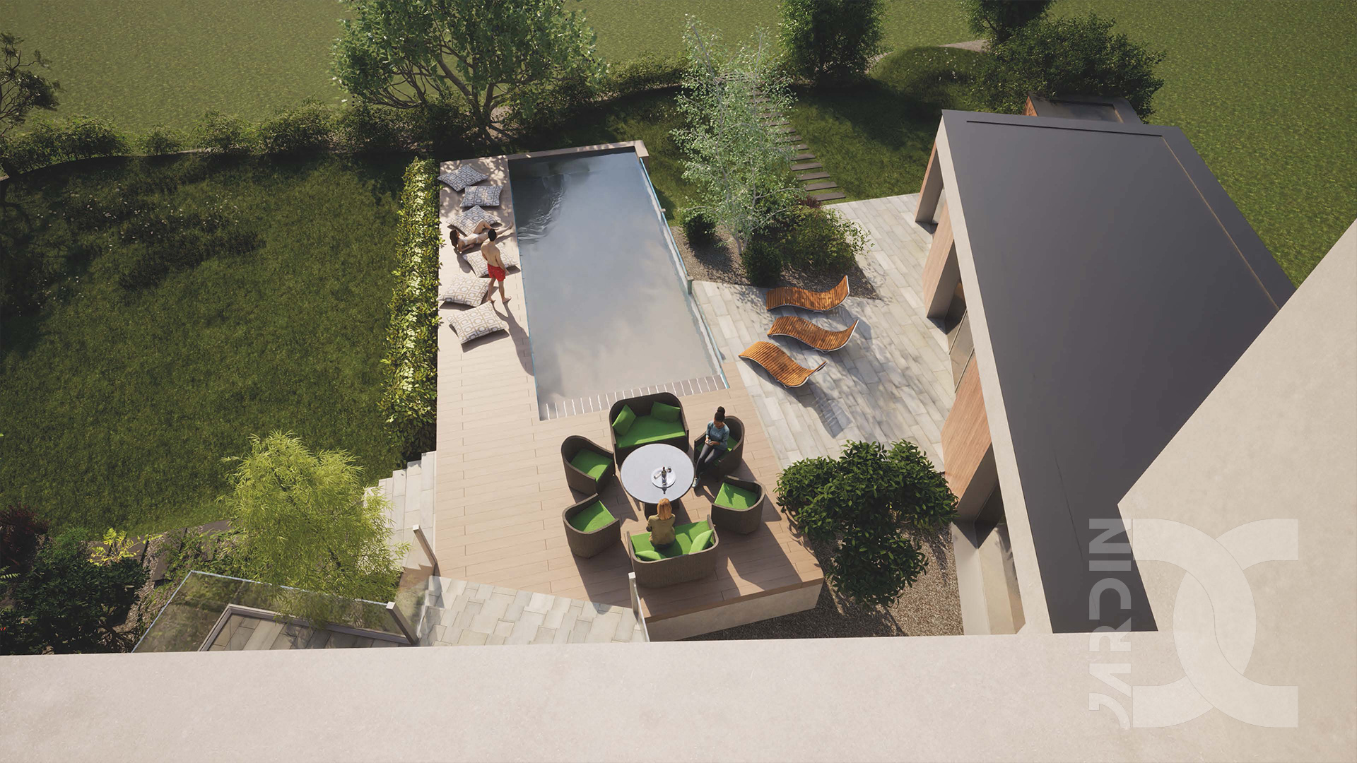 Jardin et piscine contemporains vus du dessus avec bassin rectangulaire et salon extérieur moderne