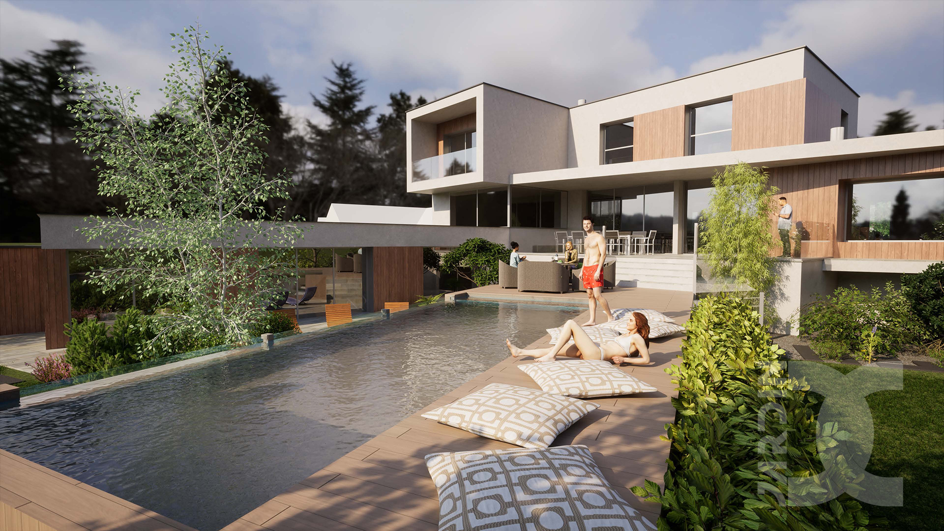 Terrasse design avec piscine contemporaine et mobilier extérieur en bois