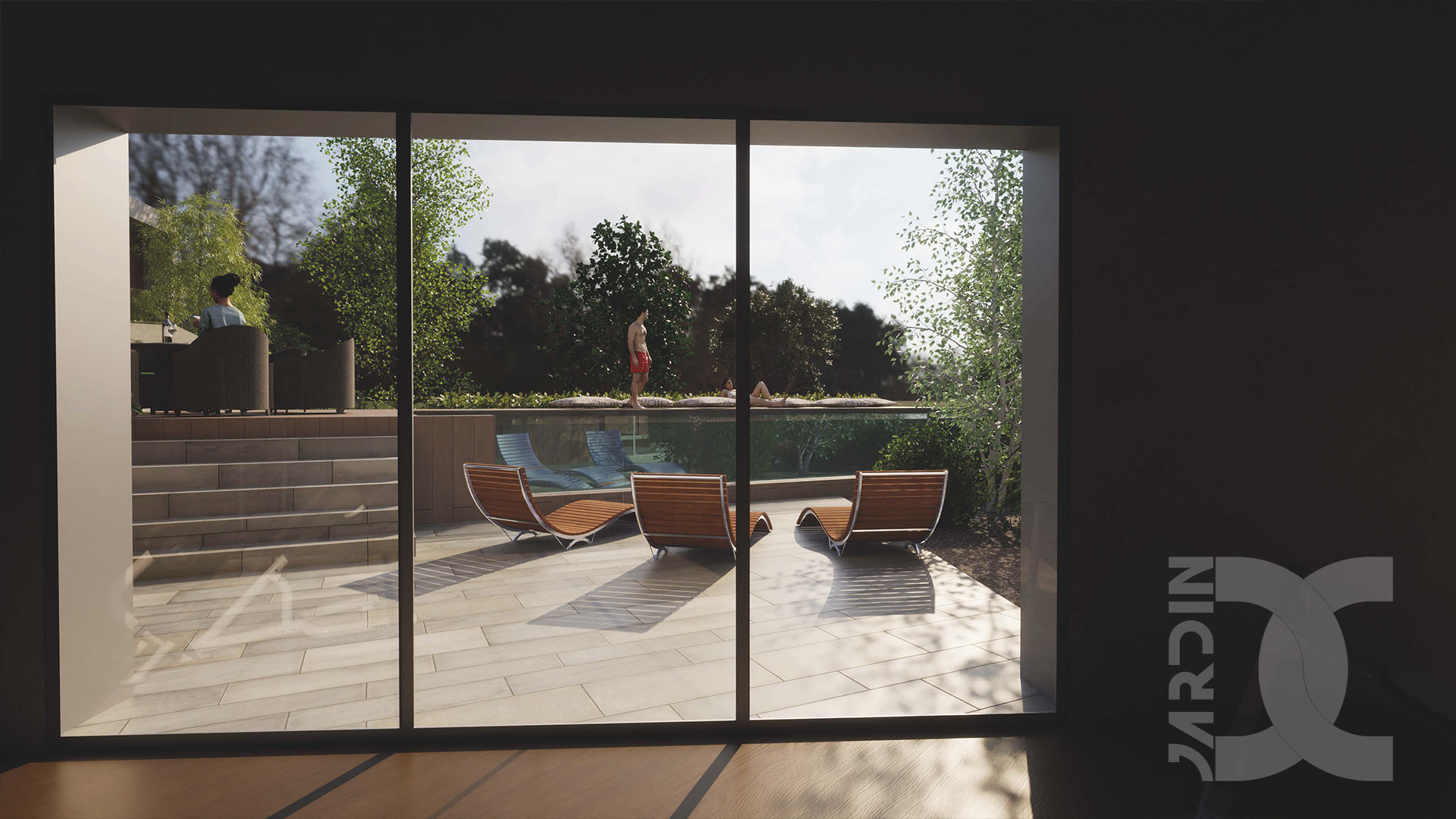 Piscine contemporaine intégrée au jardin avec transats et espace détente