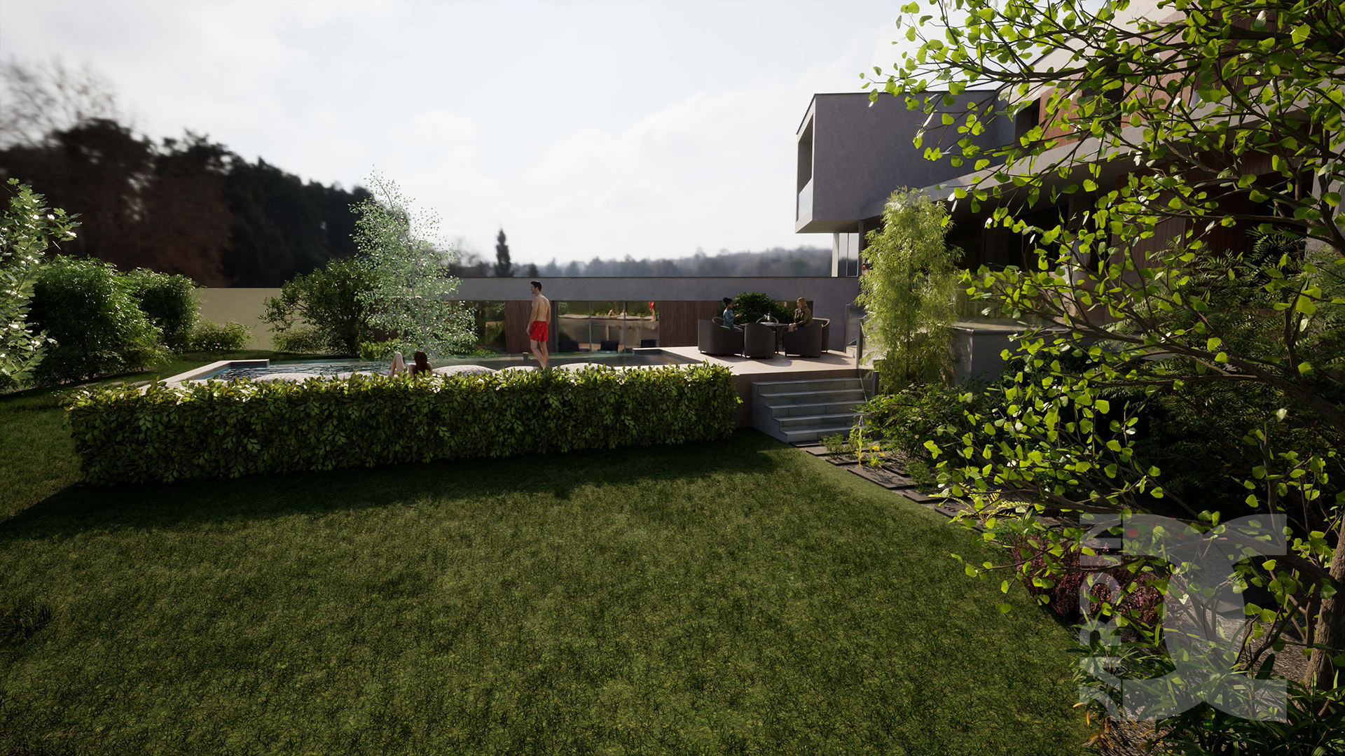 Jardin moderne avec piscine contemporaine, végétation structurée et maison design