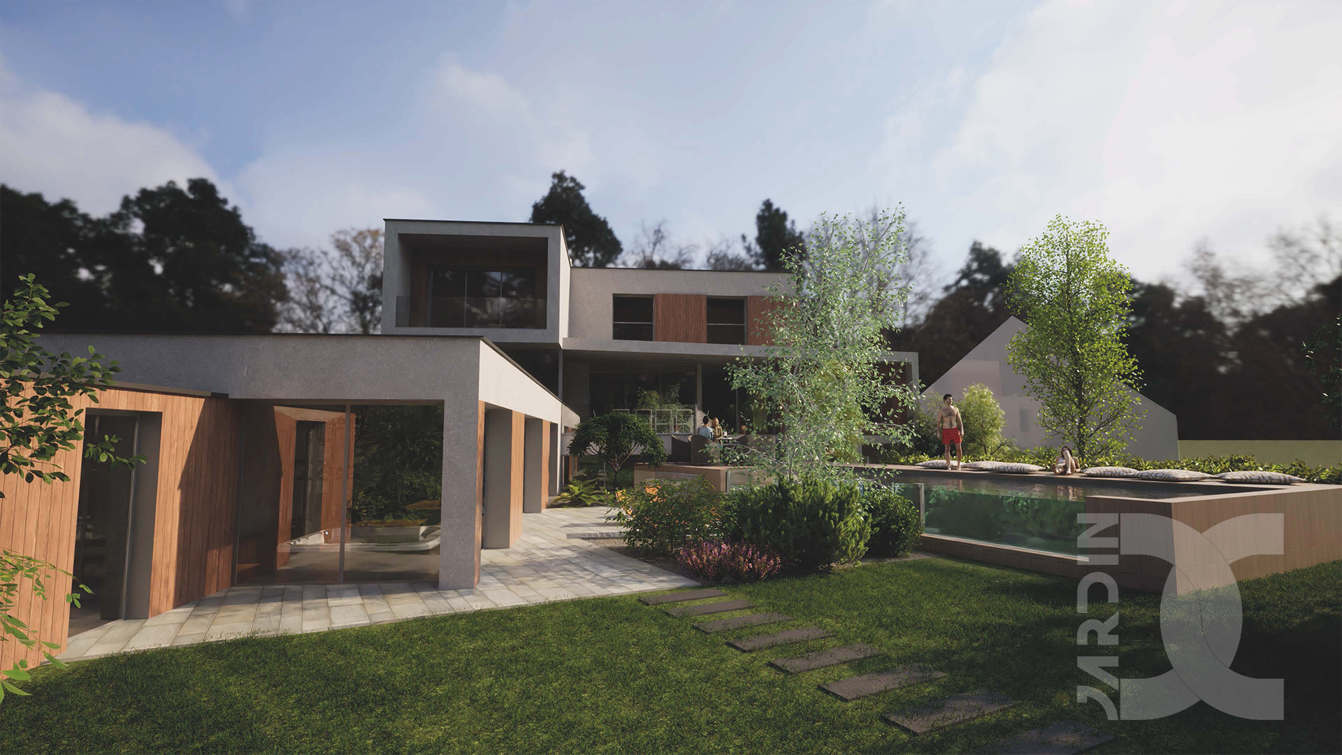 Jardin design moderne avec piscine rectangulaire et maison contemporaine