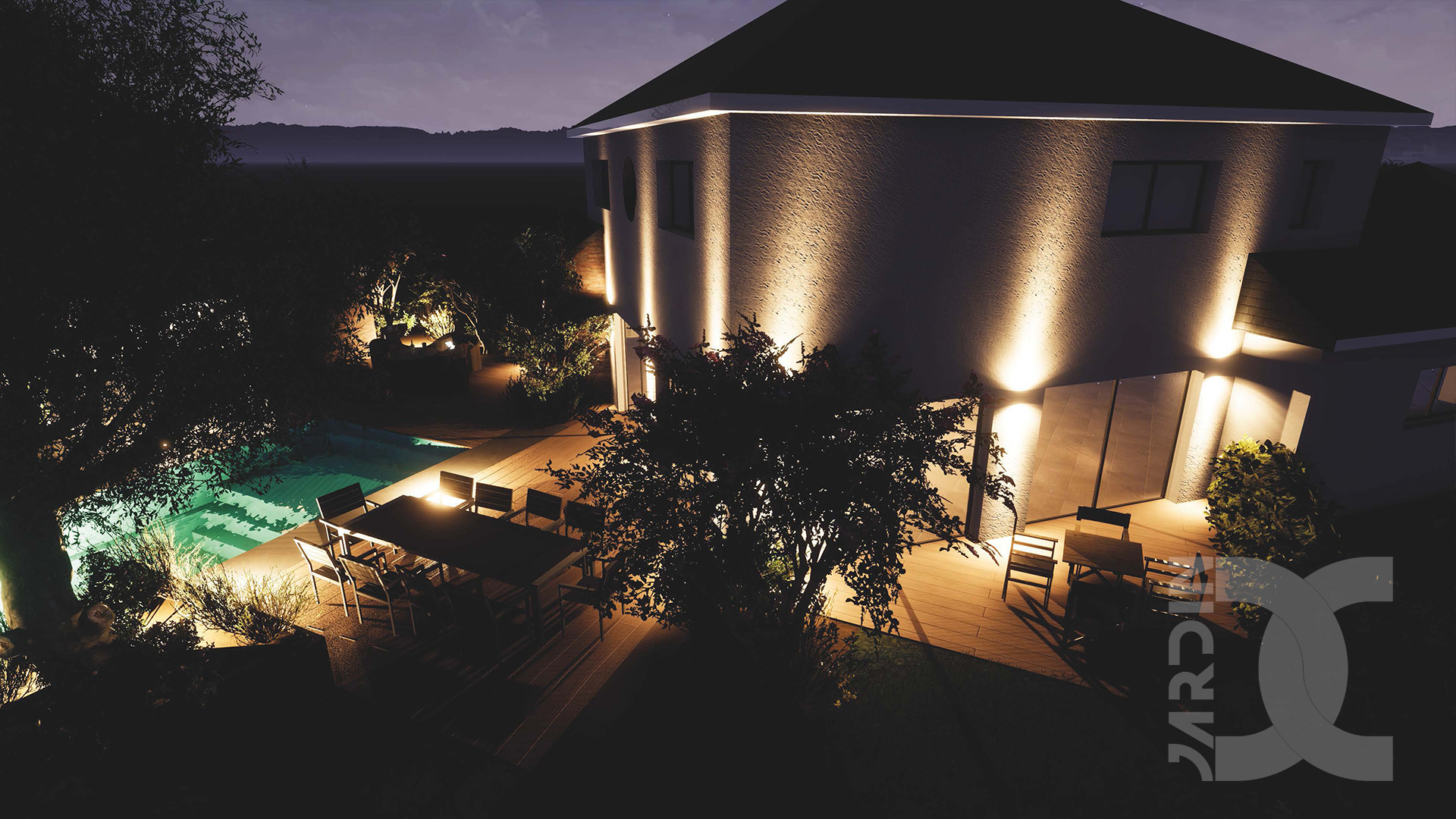 Architecture du paysage avec éclairage extérieur et terrasse bois conçue par un concepteur paysagiste à Laval