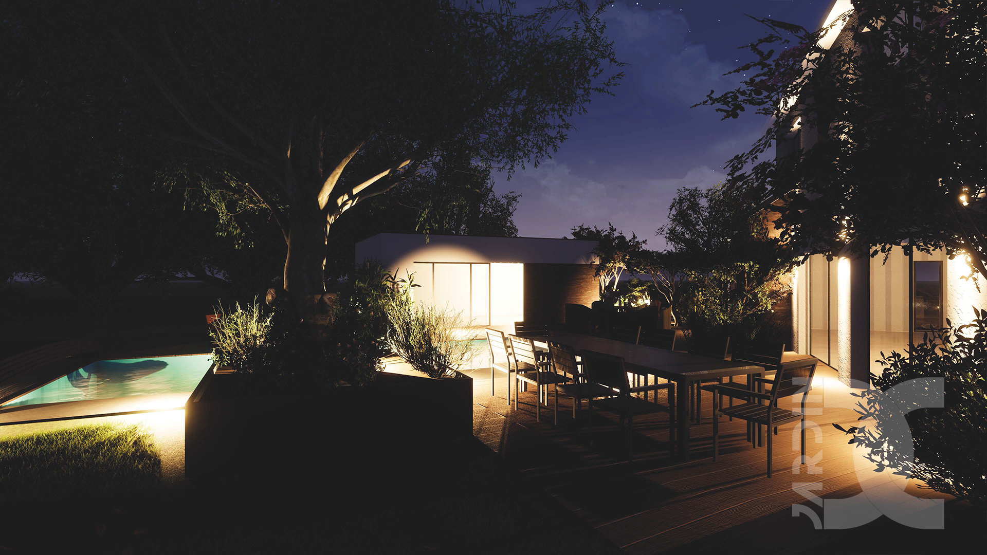 Plan de jardin avec piscine contemporaine et éclairage paysager réalisé par un concepteur paysagiste