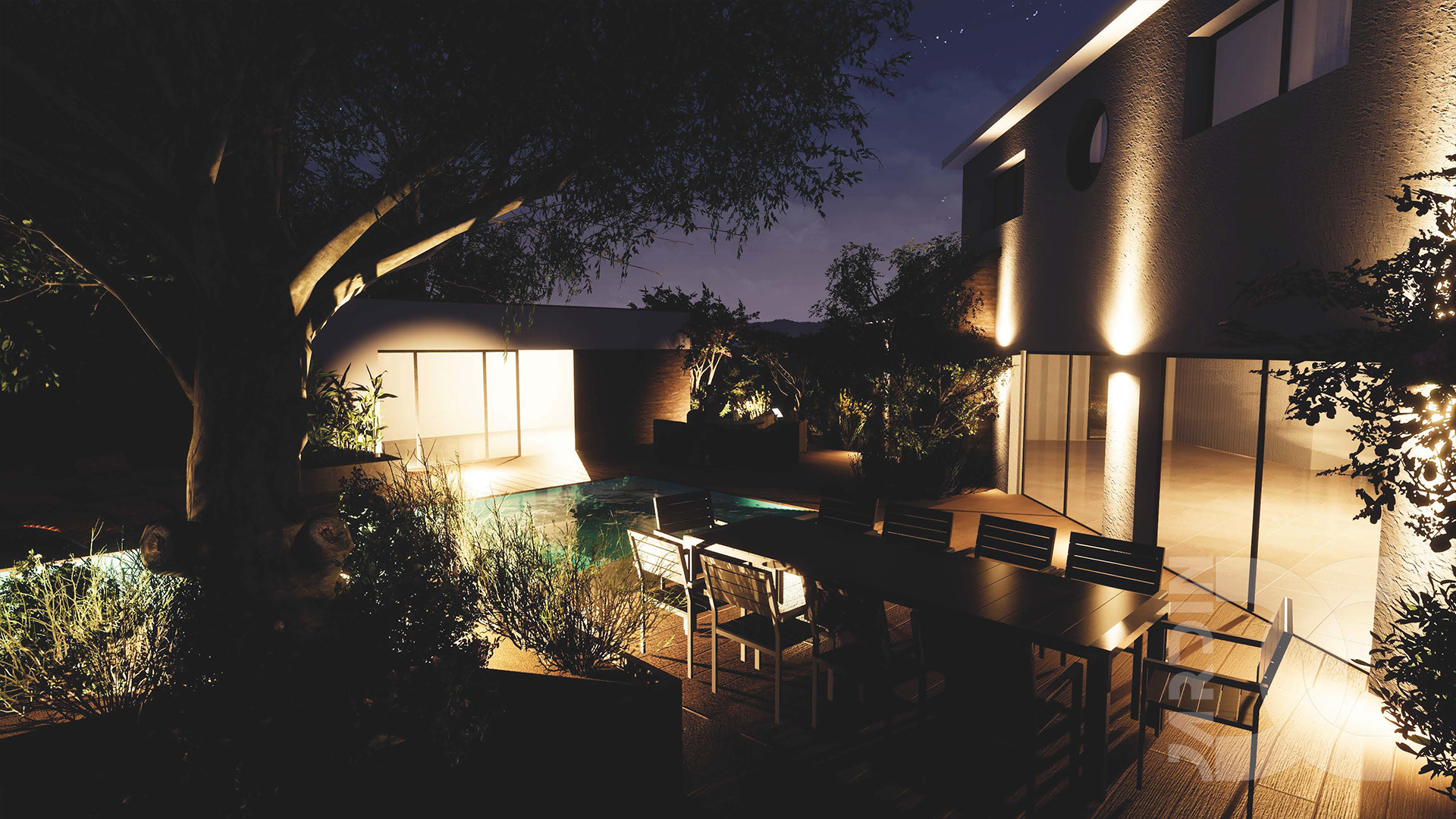 Architecture du paysage mettant en valeur une terrasse repas et la végétation par un concepteur paysagiste