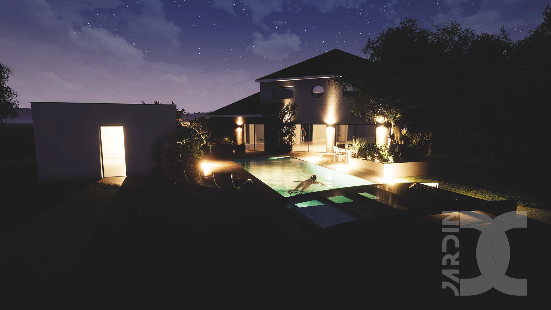 Plan de jardin paysager avec piscine et éclairage nocturne dans un projet d’architecture du paysage