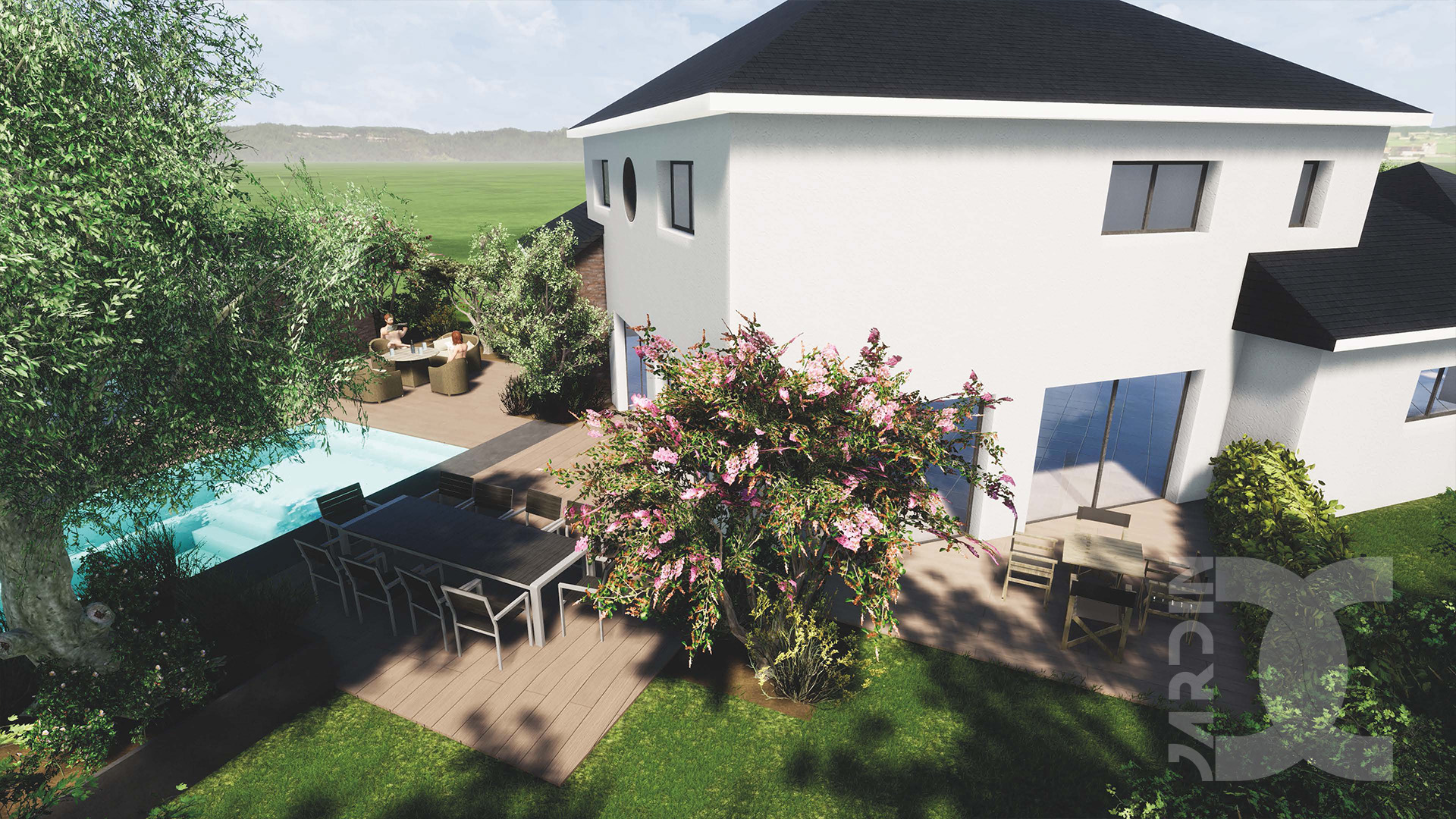 Architecture du paysage avec terrasse bois et végétation structurée selon un plan de jardin