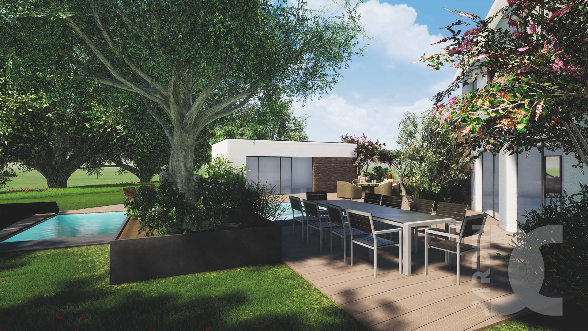 Conception paysagère avec espace détente et piscine intégrée par un concepteur paysagiste