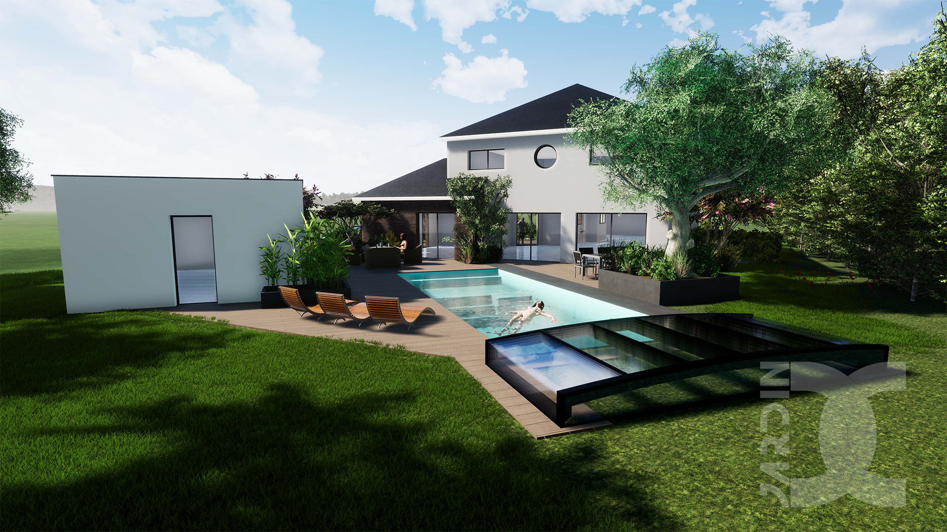 Architecture du paysage complète avec piscine, terrasse et végétation conçue par un concepteur paysagiste à LavalArchitecture du paysage complète avec piscine, terrasse et végétation conçue par un concepteur paysagiste à Laval