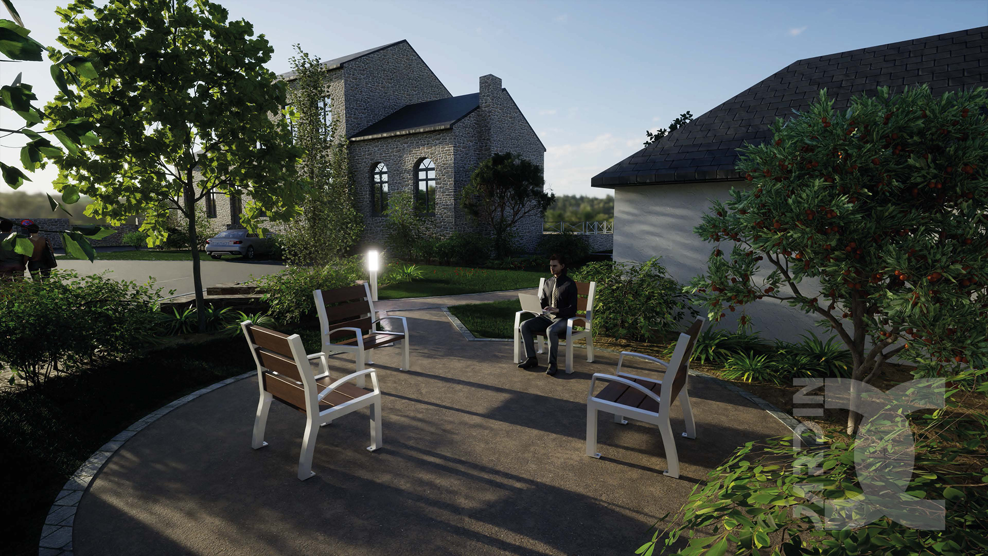 Conception de paysage d’un pôle santé avec espace de détente et bancs paysagers