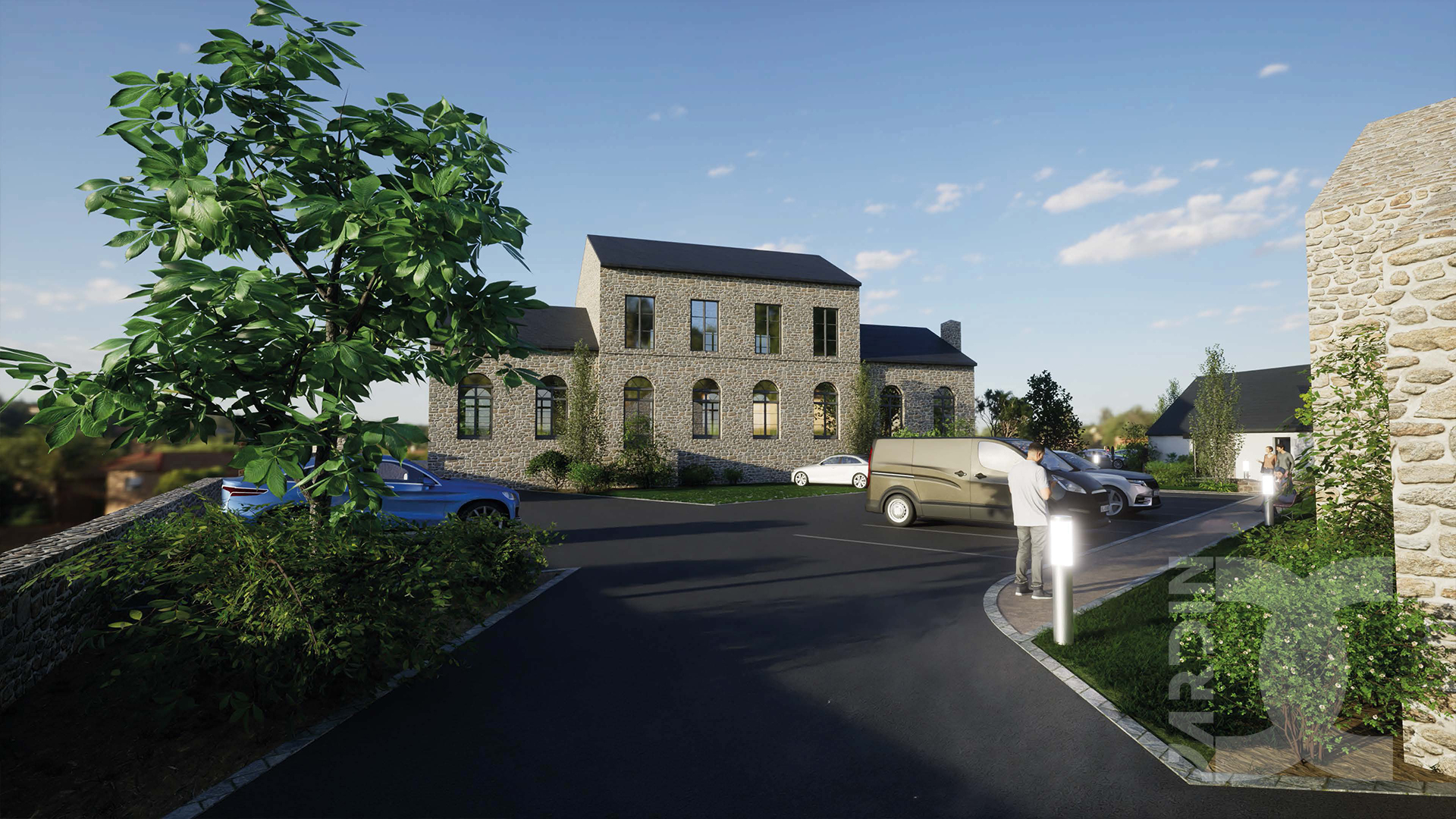 Conception de paysage autour d’un pôle santé avec espaces verts et circulations douces